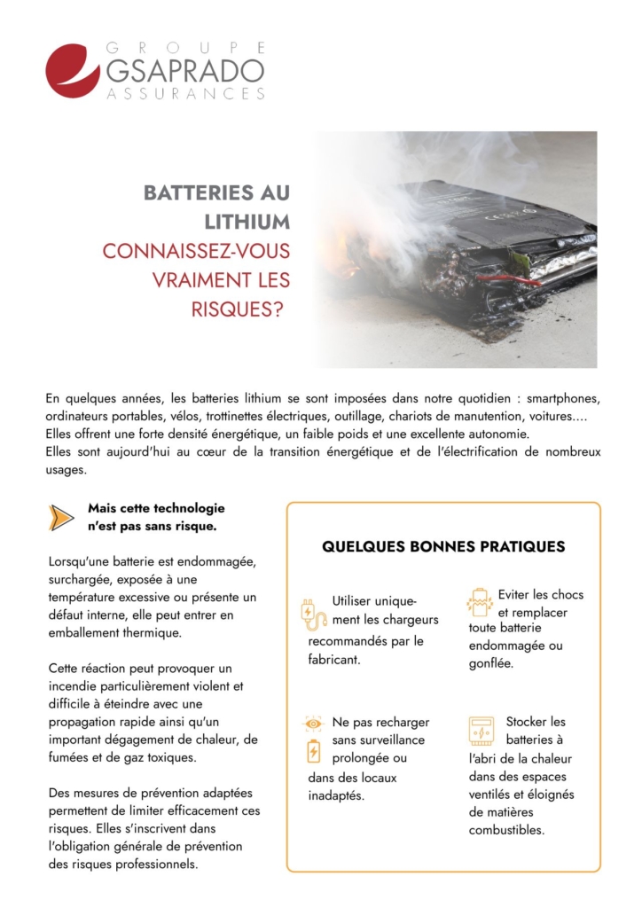 Affiche d'information sur les risques d'incendie liés aux batteries au lithium et les bonnes pratiques de sécurité.