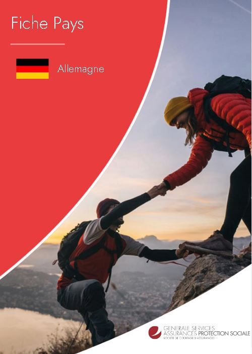 Fiche pays pour l'Allemagne avec une image de deux randonneurs s'entraidant lors d'une ascension montagneuse.