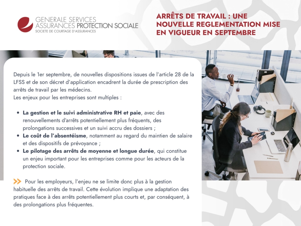 Infographie sur la nouvelle réglementation des arrêts de travail en vigueur depuis septembre, avec texte et photo de bureau.